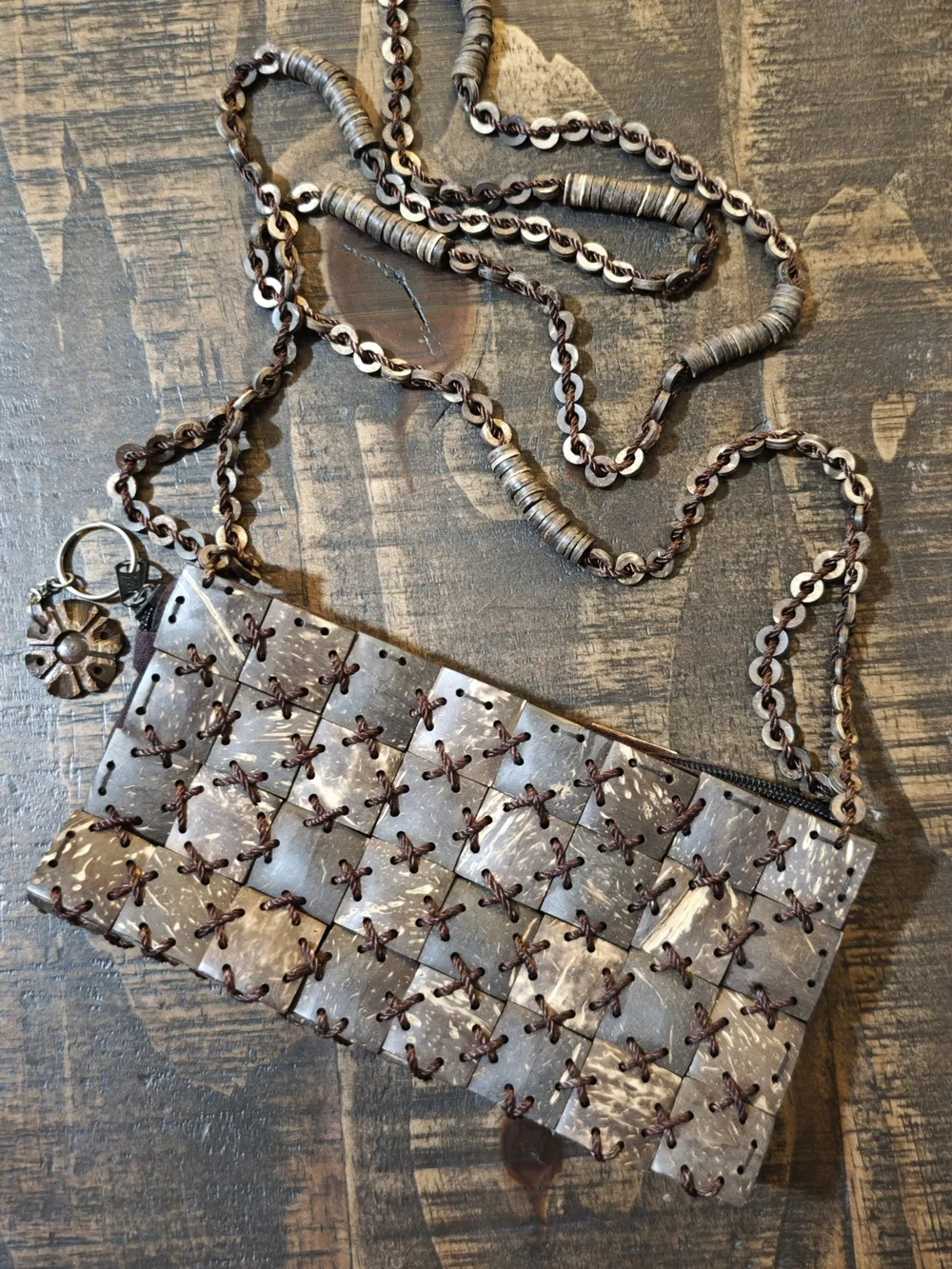 Handcrafted Thai Coconut Shell Cross-Stitch Shoulder Bag in Brown-Tone